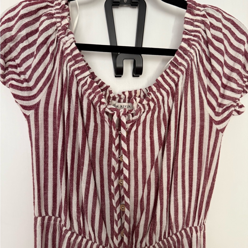 Moon River Free People Off-Shoulder Pink and White Striped Jumpsuit - Picture 3 of 5